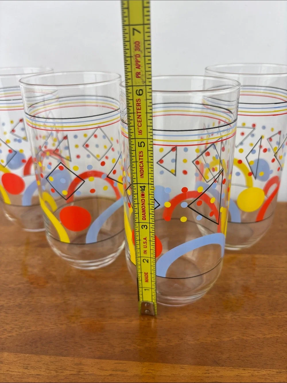 Vintage retro 80s Memphis geometric primary colors drinking glasses set of four